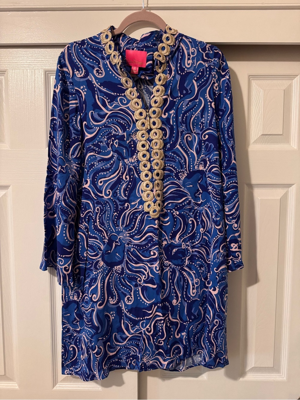Lilly Pulitzer Blue and Pink Printed Tunic with Gold Embellishment